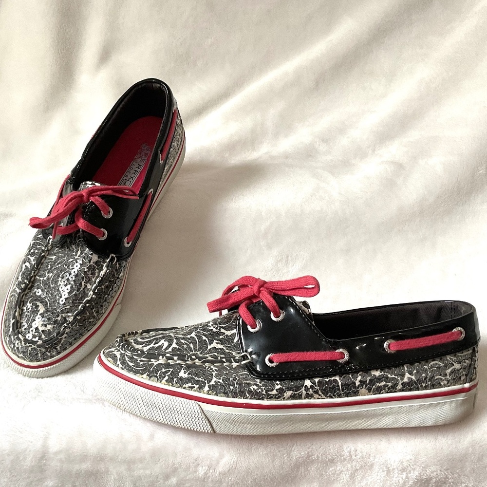 Black White Red Sperry Biscayne Sequined Loafer Lace Up Boat Shoes Size 8M